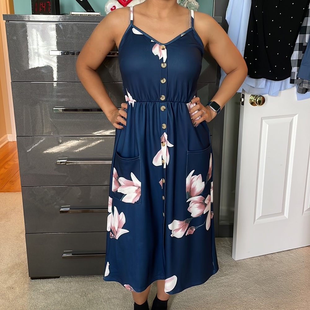 NEW!! Never worn. Navy and pink Elegant Floral Printed Strappy Dress